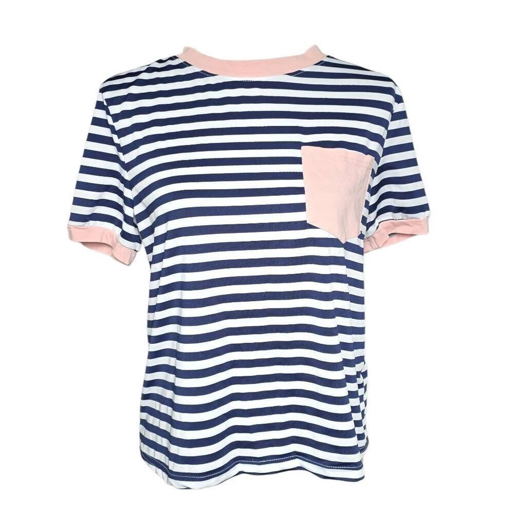 Shein Women's Size Small Blue White Striped Top Pink Pocket